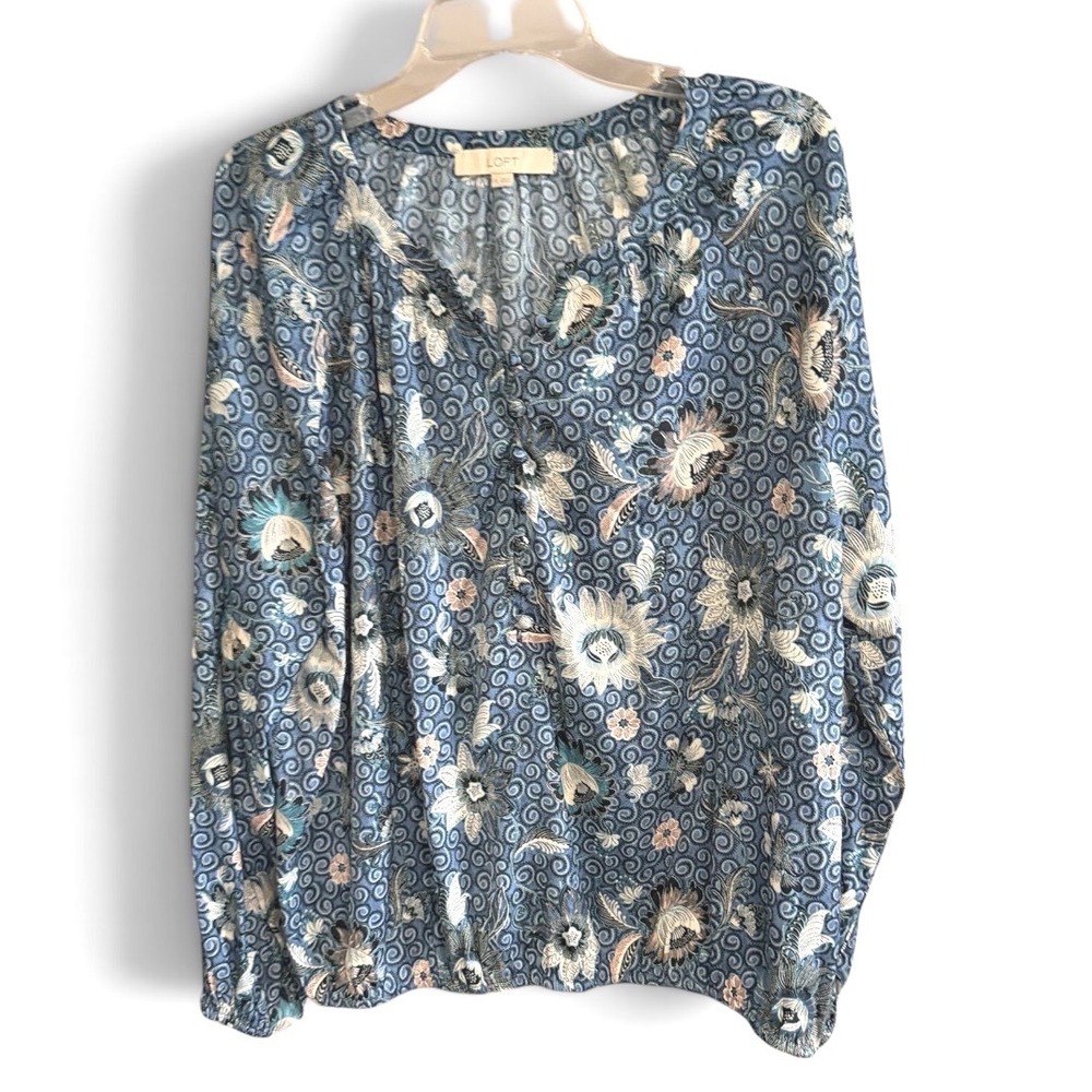 LOFT Blouse Womens XL Blue Floral Long Sleeve Elastic Hem Boho Peasant Top